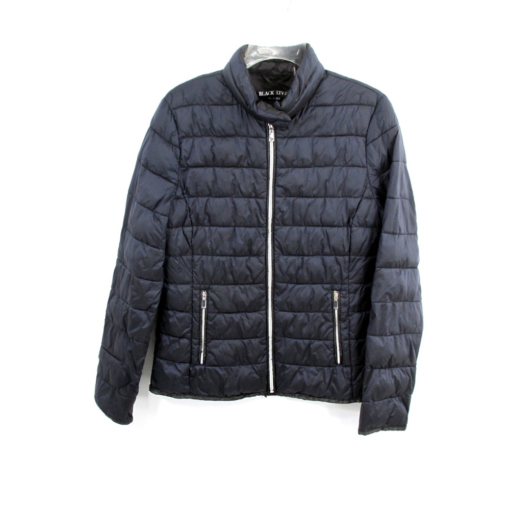 Black Rivet Packable Light Puffer Jacket Womens Medium Black Zip Moto Pockets
